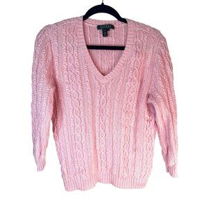 2/$30 Lauren Ralph Lauren Large Pink Cable Knit Mercerized Cotton Sweater V-Neck